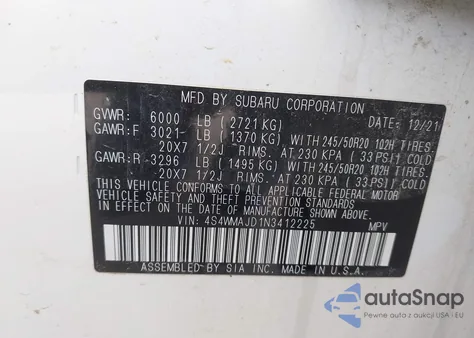 2022 Subaru Ascent Onyx Edition z USA, uszkodzony, nr VIN 4S4WMAJD1N3412225